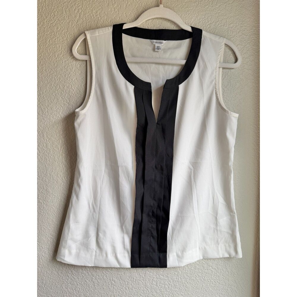 Calvin Klein White Black Sleeveless Blouse Small Colorblock Pleated Work Top